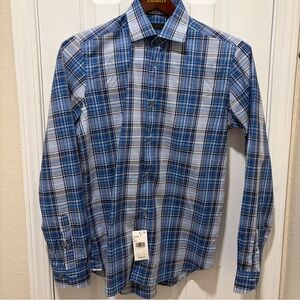 Saks Fifth Avenue Blue and White Plaid Men's Shirt Size S